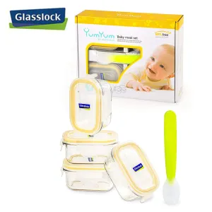[Glasslock Kids] 5.07oz/150ml Rectangular Yum Yum Baby Food Containers   Silicon Spoon, 9-Pcs Set