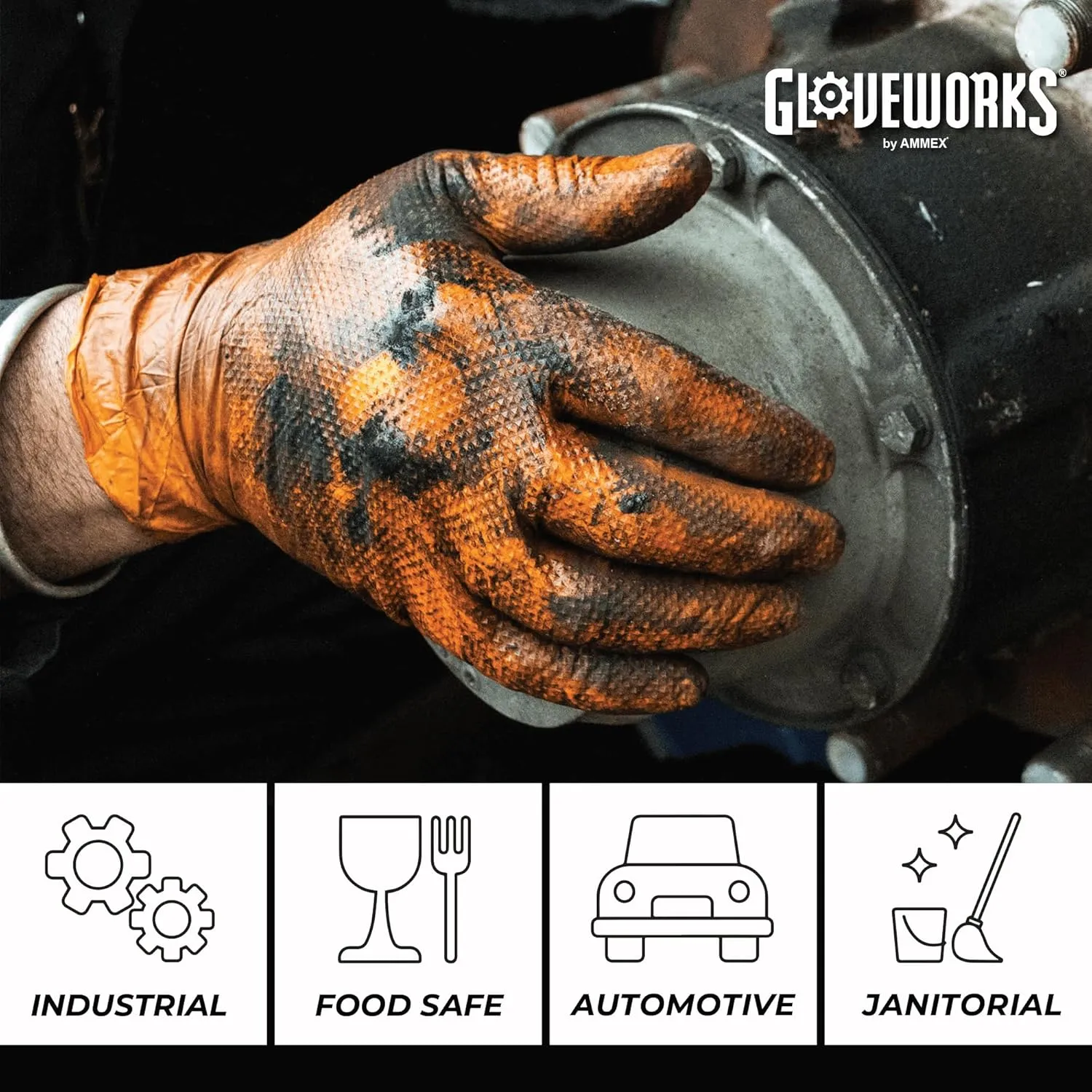 GLOVEWORKS HD Orange Nitrile Gloves, 8 Mil, Disposable, Raised Diamond Texture, Mechanic Gloves