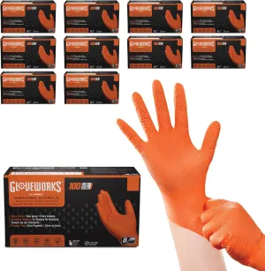 GLOVEWORKS HD Orange Nitrile Gloves, 8 mil Nitrile Disposable Gloves with Raised Diamond Texture, Mechanic Gloves Disposable