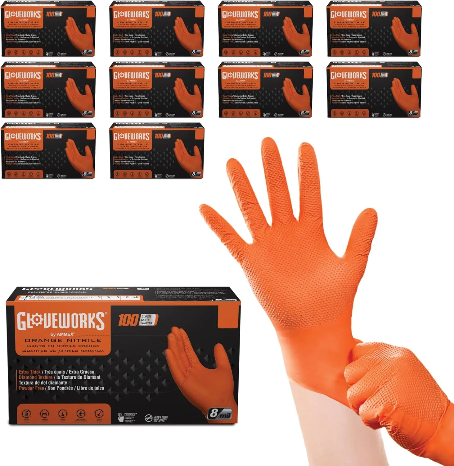 GLOVEWORKS HD Orange Nitrile Gloves, 8 mil Nitrile Disposable Gloves with Raised Diamond Texture, Mechanic Gloves Disposable
