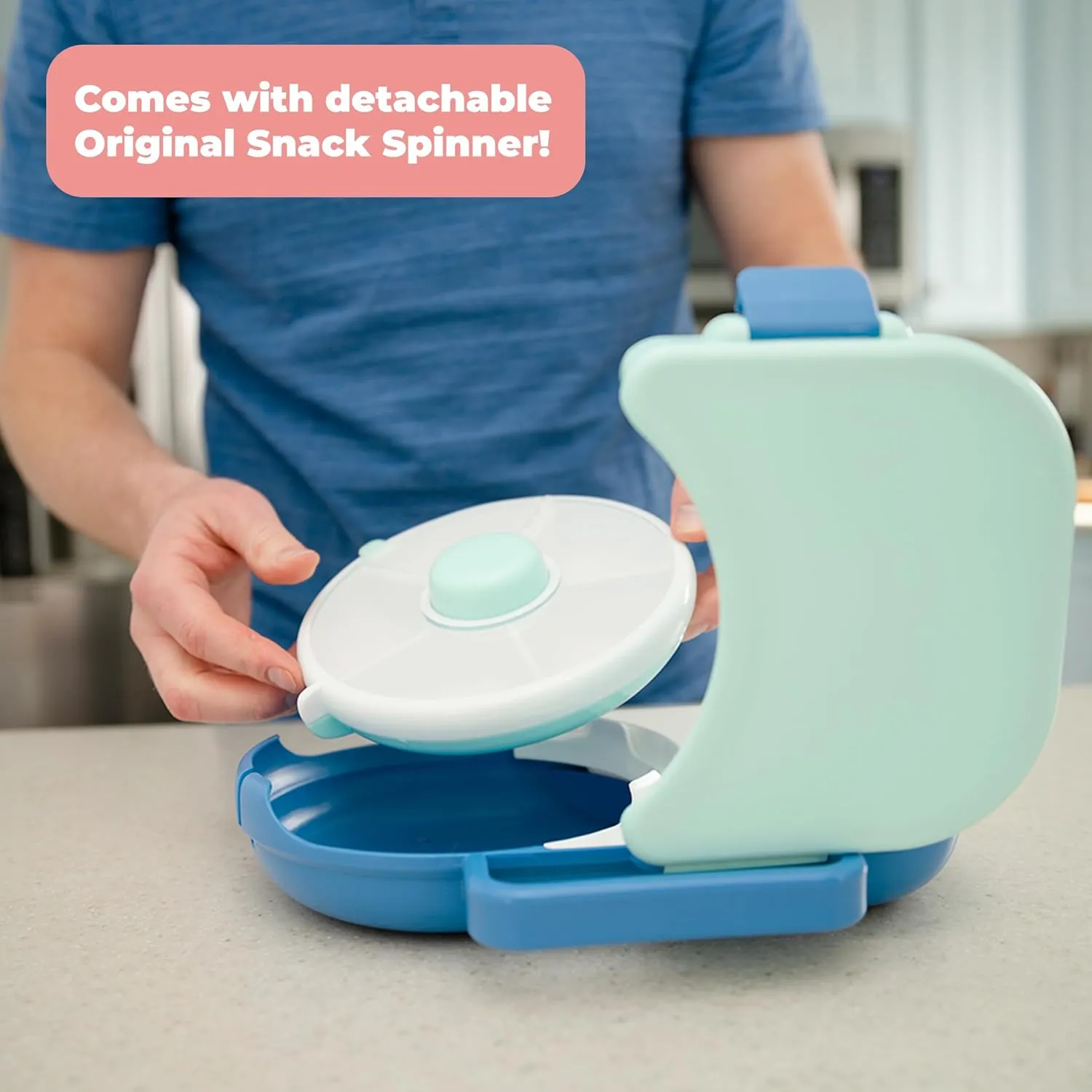 GoBe Kids Lunchbox with Small Snack Spinner Flip - Bundle with Hand Strap & Sticker Sheet, 2-in-1 Bento Style Lunch Container, 5 Small  1 Large Sandwich Compartment, BPA & PVC Free- Macaron Blue