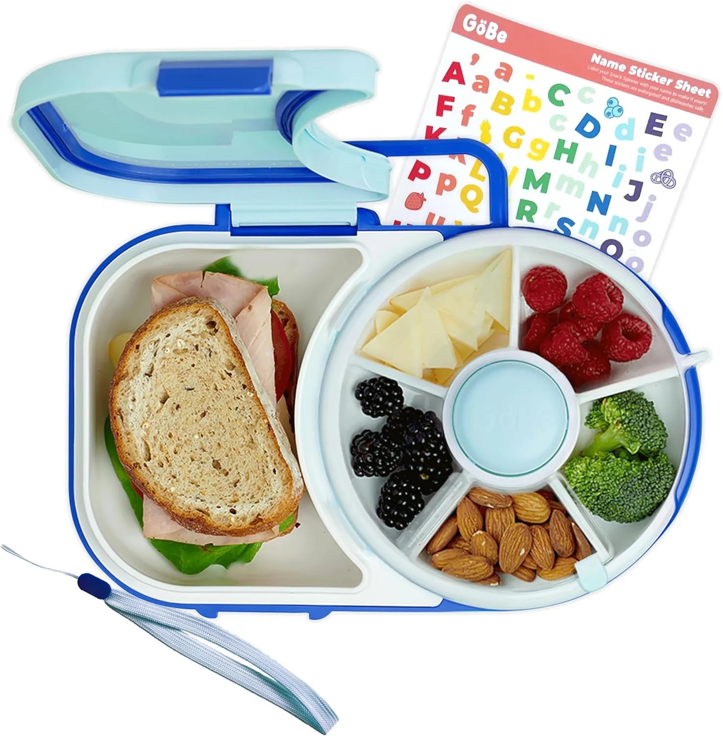 GoBe Kids Lunchbox with Small Snack Spinner Flip - Bundle with Hand Strap & Sticker Sheet, 2-in-1 Bento Style Lunch Container, 5 Small  1 Large Sandwich Compartment, BPA & PVC Free- Macaron Blue