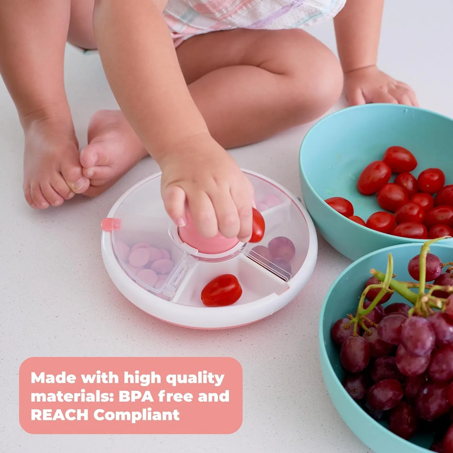 GoBe Kids Small Snack Spinner Flip Bundle with Hand Strap and Sticker Sheet - Reusable Snack Container with 5 Compartment Dispenser and Lid | BPA/PVC Free | Dishwasher Safe | No Spill- Mint Green
