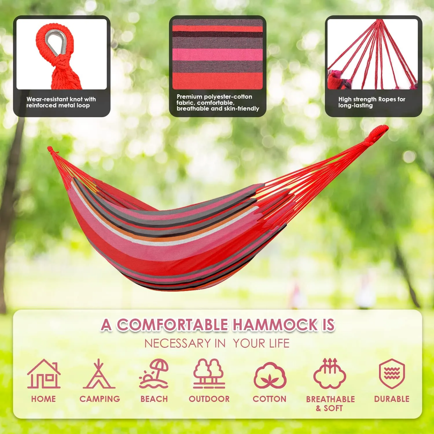 Gold Armour Brazilian Style Hammock with Tree Straps for Hanging, Portable Single Double Hammock for Camping, Outdoor, Indoor, Patio, Backyard (Pink Stripe)