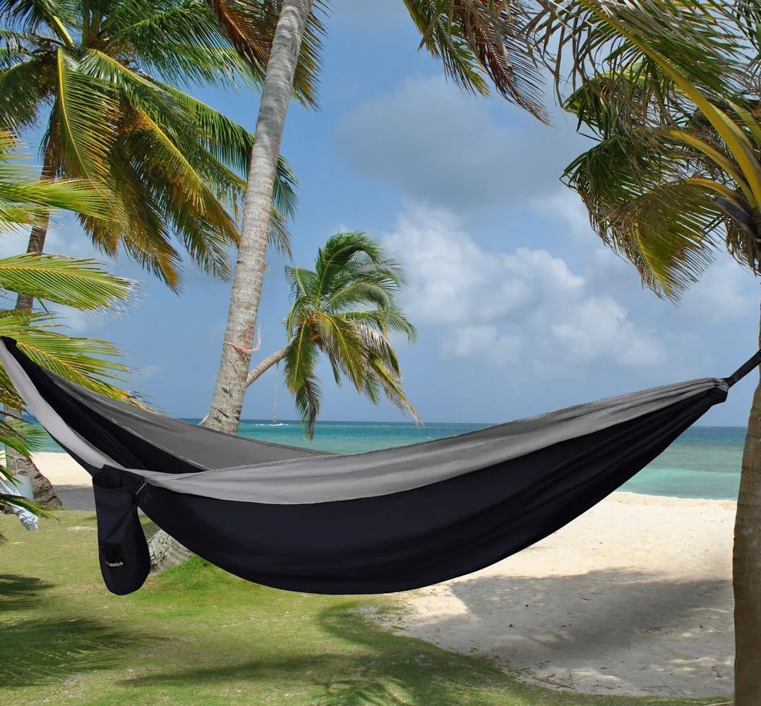 Gold Armour Camping Hammock - Portable Hammock Single Hammock Camping Accessories Gear for Outdoor Indoor Adult Kids, USA Based Brand (Black & Grey)