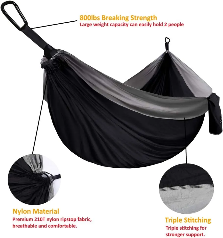 Gold Armour Camping Hammock - Portable Hammock Single Hammock Camping Accessories Gear for Outdoor Indoor Adult Kids, USA Based Brand (Black & Grey)