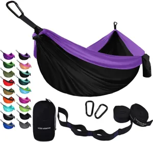 Gold Armour Camping Hammock - Portable Hammock Single Hammock Camping Accessories Gear for Outdoor Indoor Adult Kids, USA Based Brand (Black & Purple)