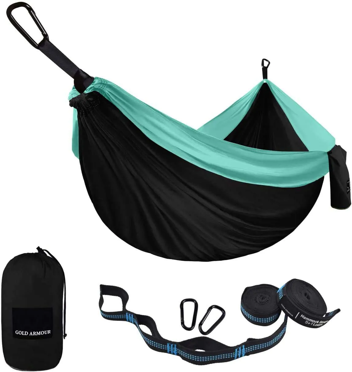 Gold Armour Camping Hammock - Portable Hammock Single Hammock Camping Accessories Gear for Outdoor Indoor Adult Kids, USA Based Brand (Black & Seafoam)