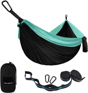 Gold Armour Camping Hammock - Portable Hammock Single Hammock Camping Accessories Gear for Outdoor Indoor Adult Kids, USA Based Brand (Black & Seafoam)