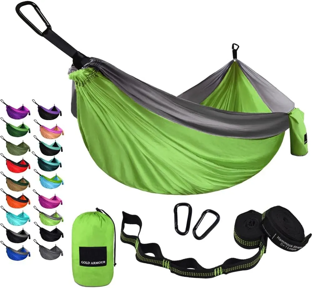 Gold Armour Camping Hammock - Portable Hammock Single Hammock Camping Accessories Gear for Outdoor Indoor Adult Kids, USA Based Brand (Lime Green & Grey)