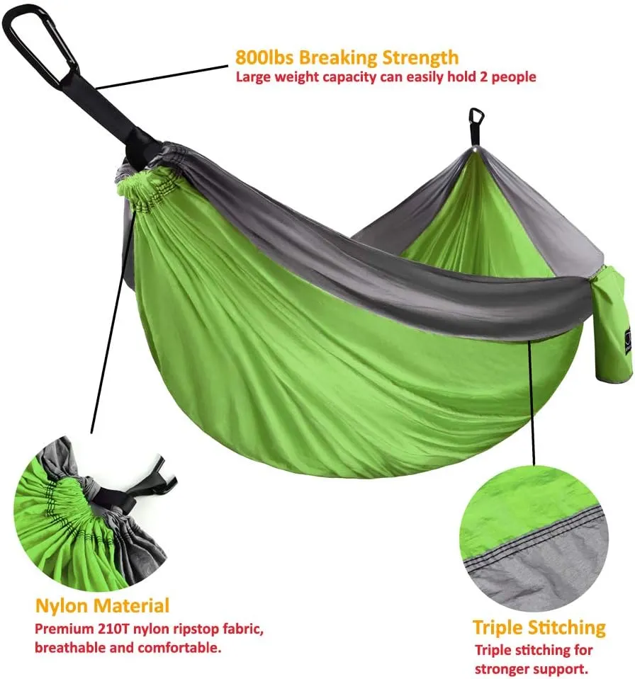 Gold Armour Camping Hammock - Portable Hammock Single Hammock Camping Accessories Gear for Outdoor Indoor Adult Kids, USA Based Brand (Lime Green & Grey)