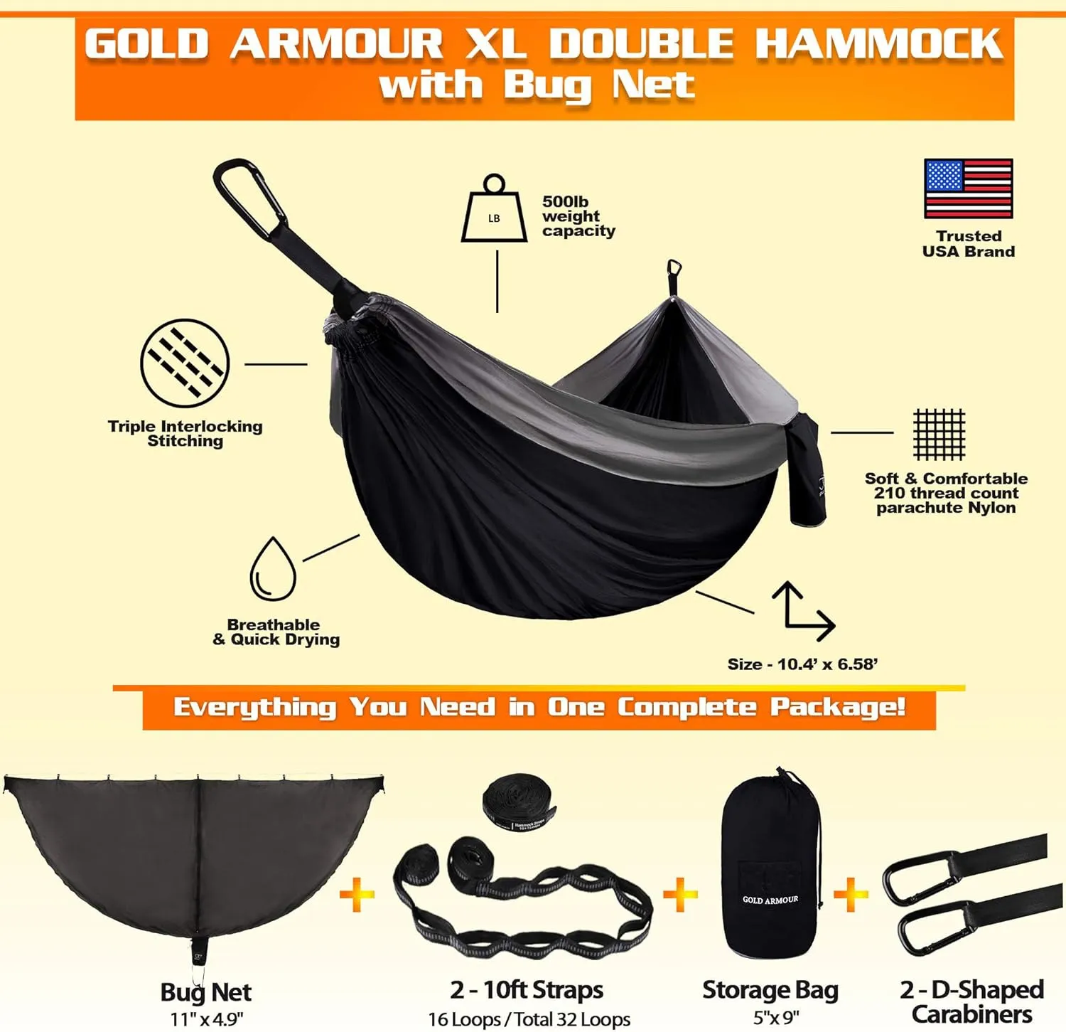 Gold Armour Camping Hammock with Bug Net - XL Double Hammock Portable Hammock Camping Accessories Gear Mosquito Bug Net Set for Outdoor Indoor, USA Based Brand (Black & Gray)