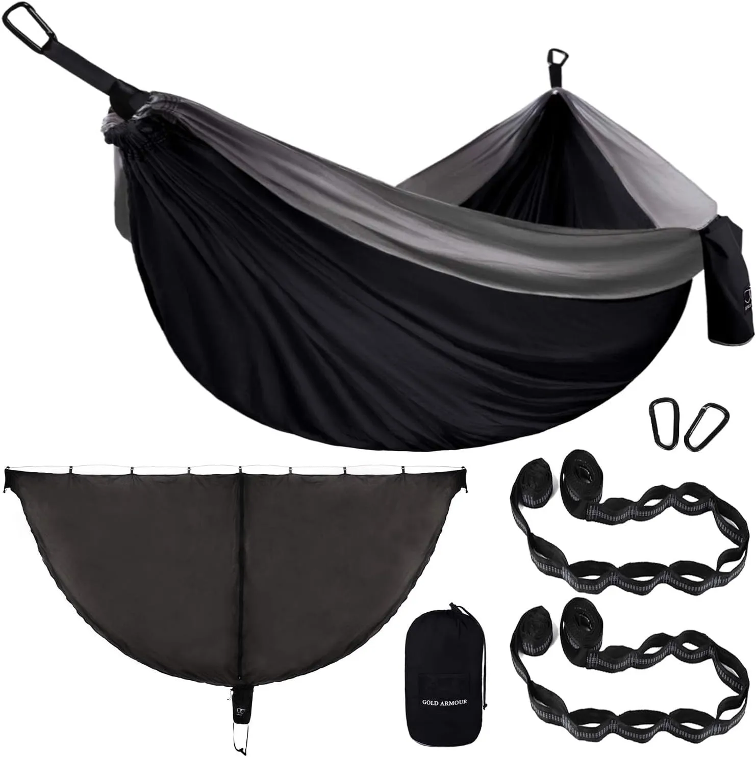 Gold Armour Camping Hammock with Bug Net - XL Double Hammock Portable Hammock Camping Accessories Gear Mosquito Bug Net Set for Outdoor Indoor, USA Based Brand (Black & Gray)