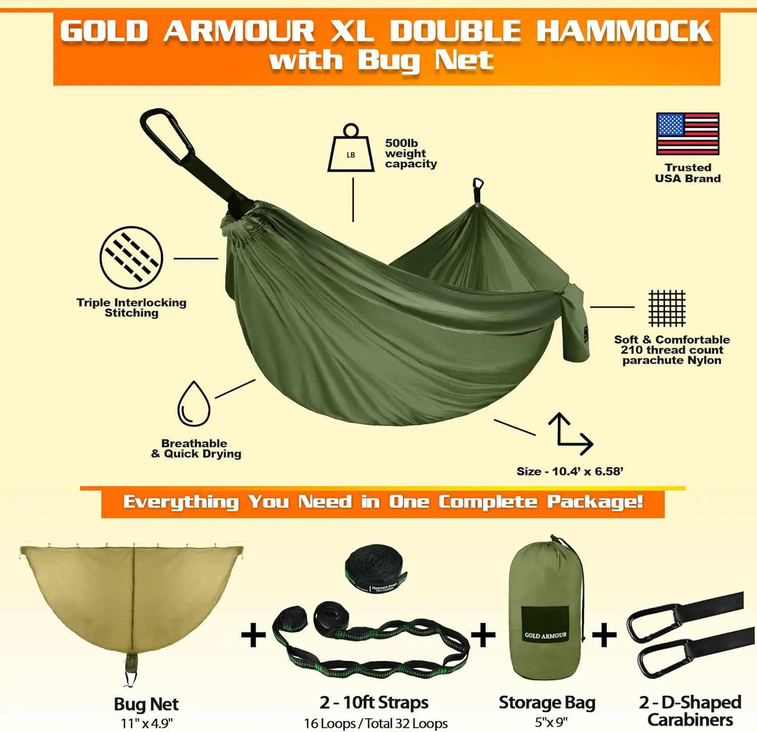Gold Armour Camping Hammock with Bug Net - XL Double Hammock Portable Hammock Camping Accessories Gear Mosquito Bug Net Set for Outdoor Indoor, USA Based Brand (OD Green)