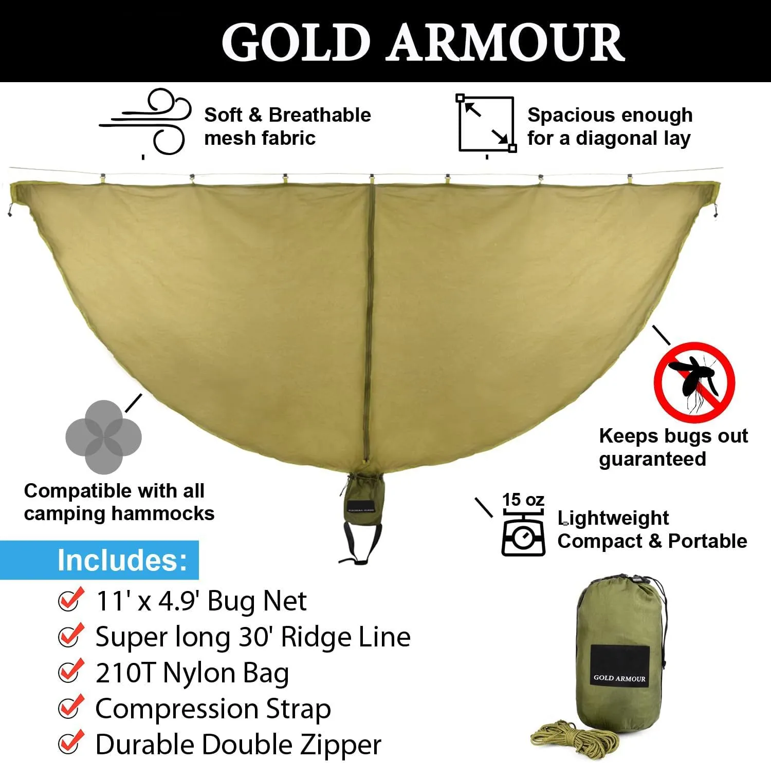 Gold Armour Camping Hammock with Bug Net - XL Double Hammock Portable Hammock Camping Accessories Gear Mosquito Bug Net Set for Outdoor Indoor, USA Based Brand (OD Green)