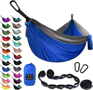 Gold Armour Camping Hammock - XL Double Hammock Portable Hammock Camping Accessories Gear for Outdoor Indoor with Tree Straps, USA Based Brand (Blue and Gray)