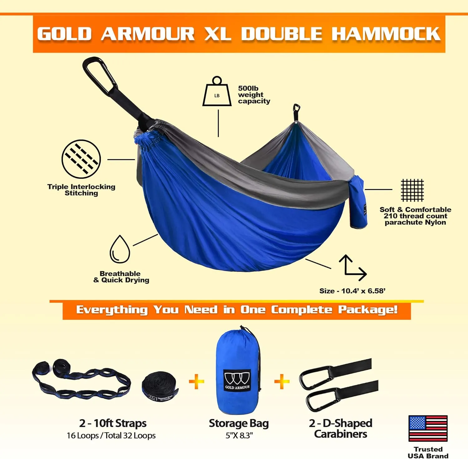 Gold Armour Camping Hammock - XL Double Hammock Portable Hammock Camping Accessories Gear for Outdoor Indoor with Tree Straps, USA Based Brand (Blue and Gray)