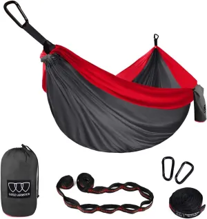 Gold Armour Camping Hammock - XL Double Hammock Portable Hammock Camping Accessories Gear for Outdoor Indoor with Tree Straps, USA Based Brand (Gray and Red)