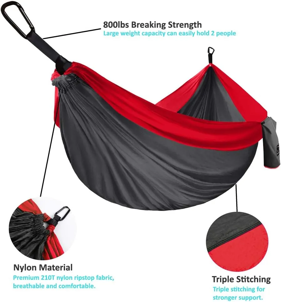 Gold Armour Camping Hammock - XL Double Hammock Portable Hammock Camping Accessories Gear for Outdoor Indoor with Tree Straps, USA Based Brand (Gray and Red)