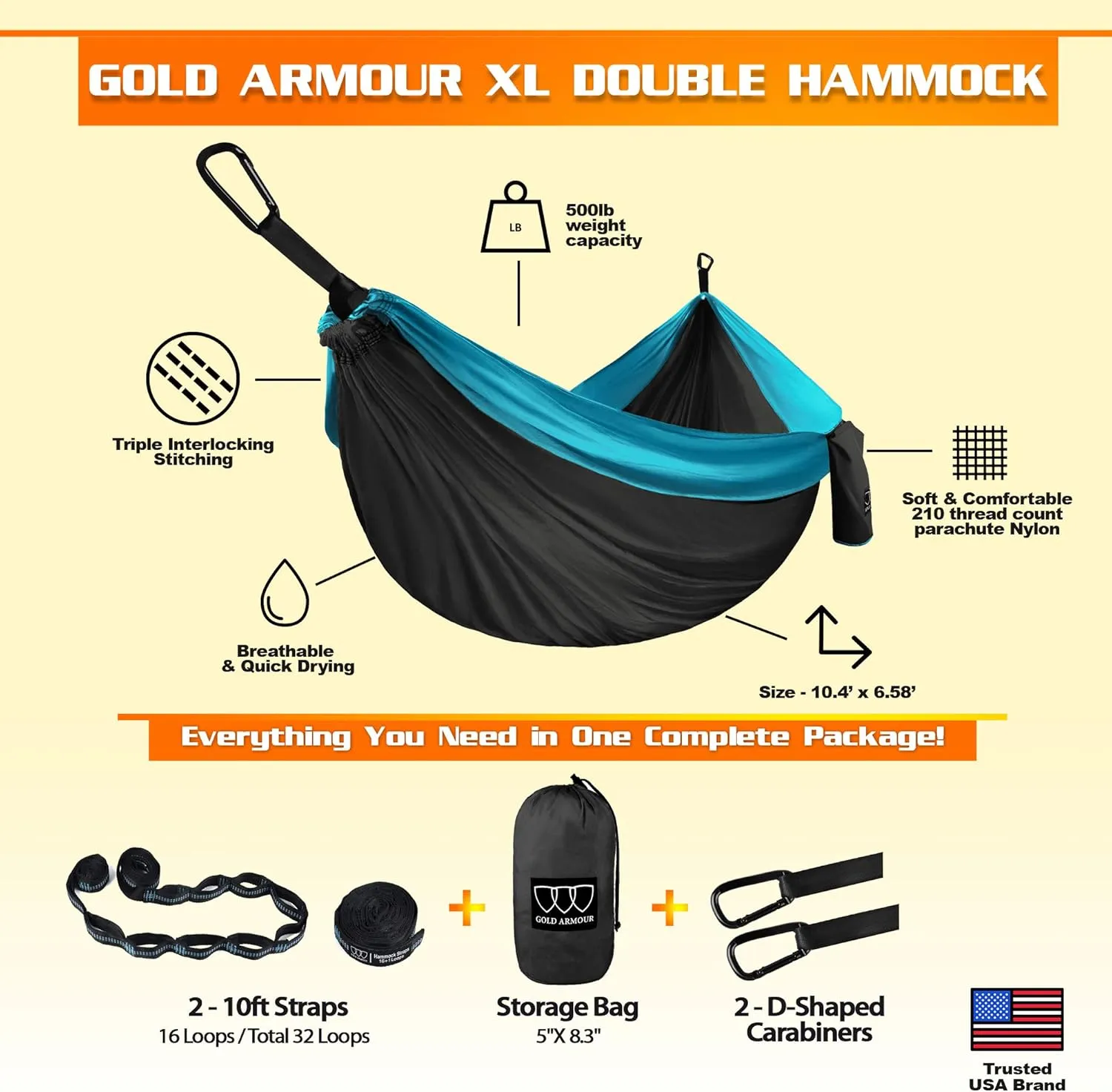 Gold Armour Camping Hammock - XL Double Hammock Portable Hammock Camping Accessories Gear for Outdoor Indoor with Tree Straps, USA Based Brand (Gray and Sky Blue)