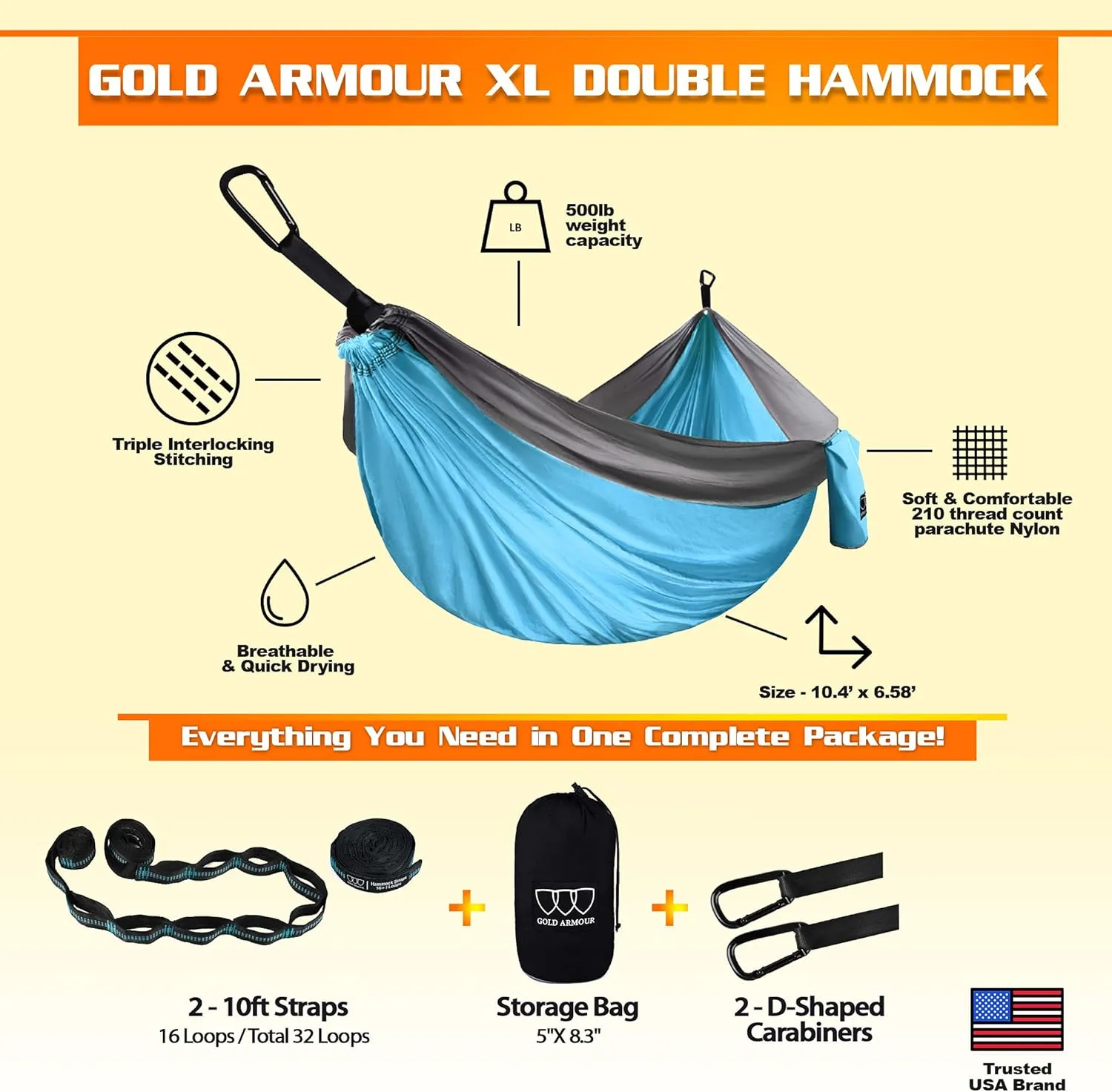 Gold Armour Camping Hammock - XL Double Hammock Portable Hammock Camping Accessories Gear for Outdoor Indoor with Tree Straps, USA Based Brand (Sky Blue and Gray)