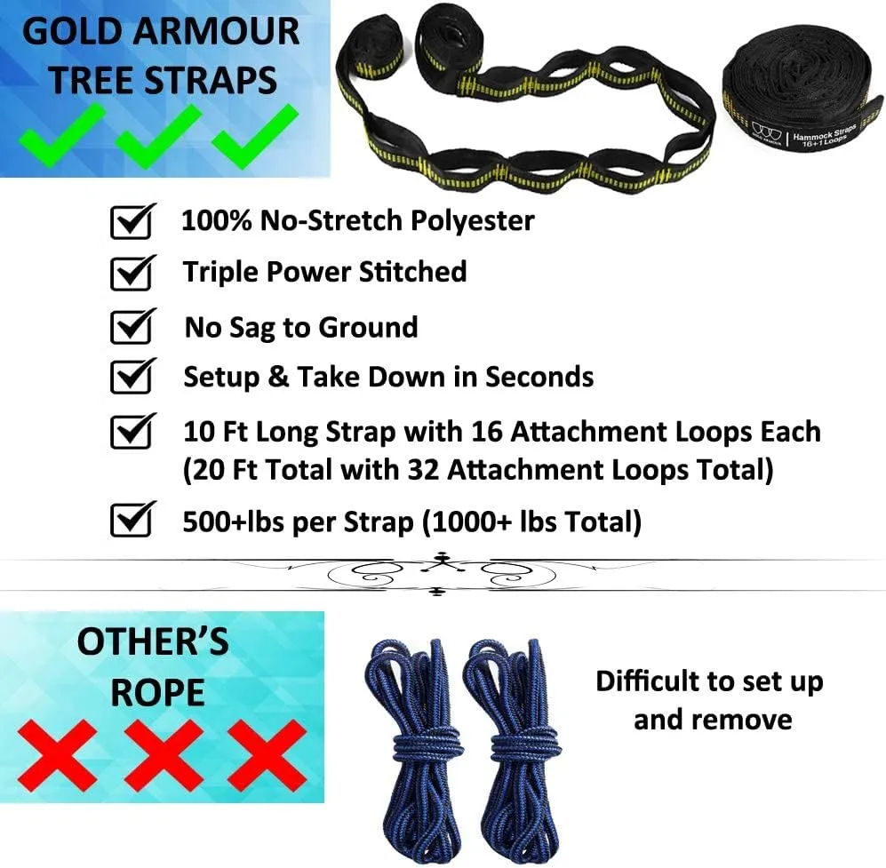 Gold Armour Camping Hammock - XL Double Hammock Portable Hammock Camping Accessories Gear for Outdoor Indoor with Tree Straps, USA Based Brand (Yellow and Pink)