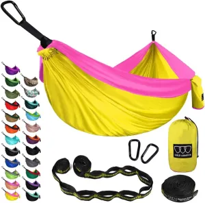 Gold Armour Camping Hammock - XL Double Hammock Portable Hammock Camping Accessories Gear for Outdoor Indoor with Tree Straps, USA Based Brand (Yellow and Pink)
