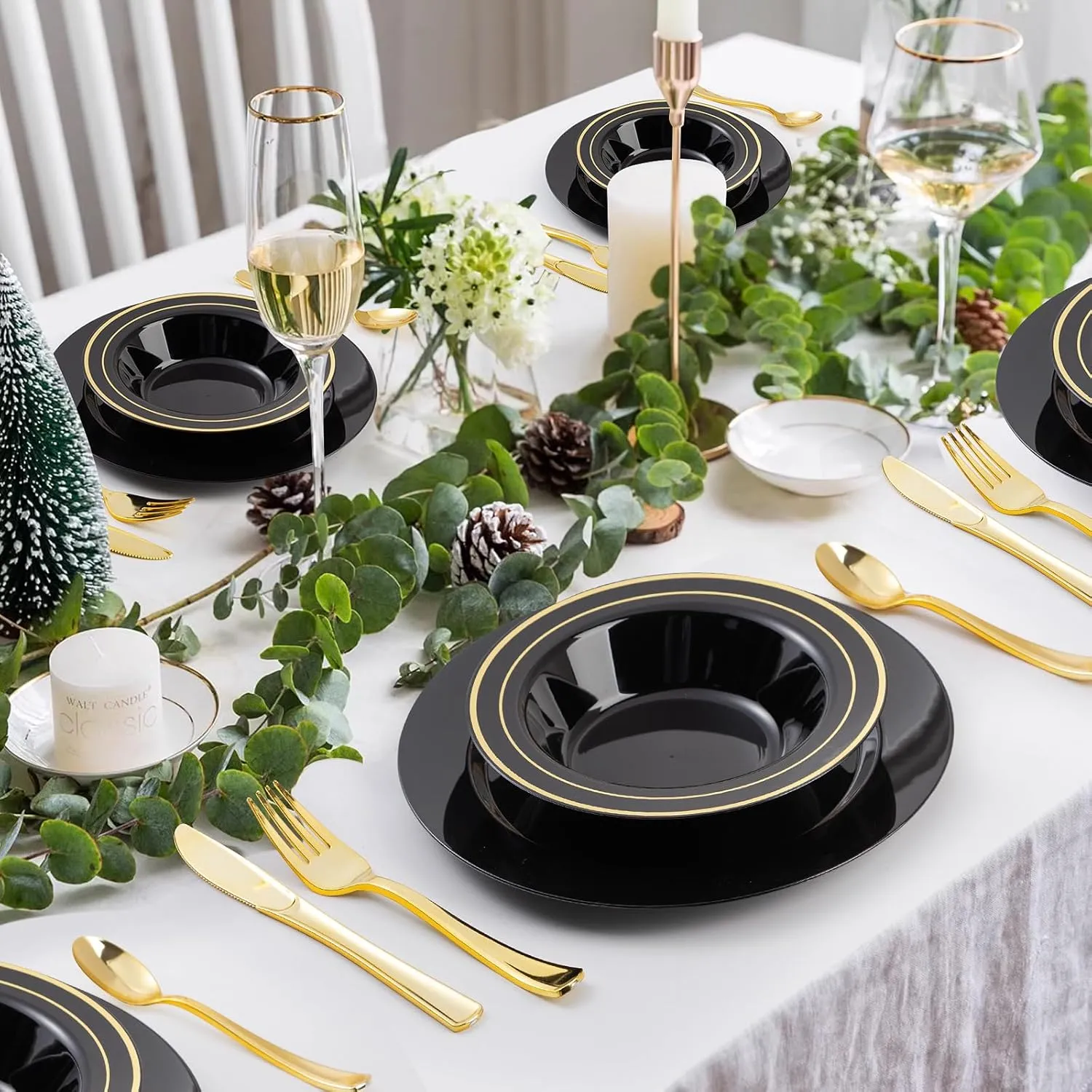 Goodluck 100 Pack Black Plastic Bowls with Gold Rim, 12oz Disposable Soup Bowls, Heavy Duty Dessert Bowls for Weddings, Parties, Dinners, Catering, and New Year
