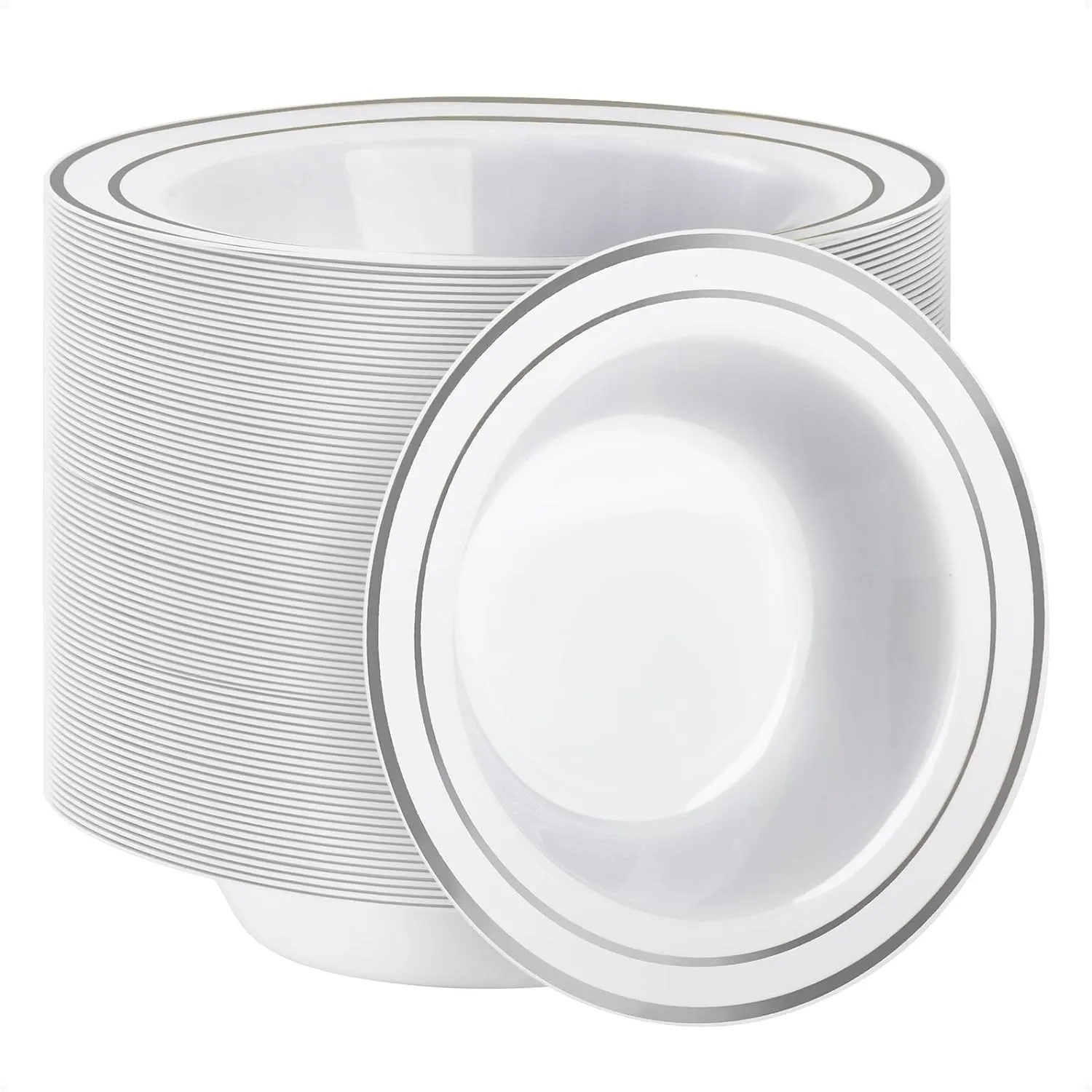 Goodluck 100 Pack Plastic Bowls with Silver Rim, 12oz Disposable Soup Bowls, Heavy Duty Dessert Bowls for Weddings, Parties, Dinners, Catering, and Everyday Use