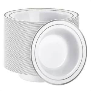 Goodluck 100 Pack Plastic Bowls with Silver Rim, 12oz Disposable Soup Bowls, Heavy Duty Dessert Bowls for Weddings, Parties, Dinners, Catering, and Everyday Use