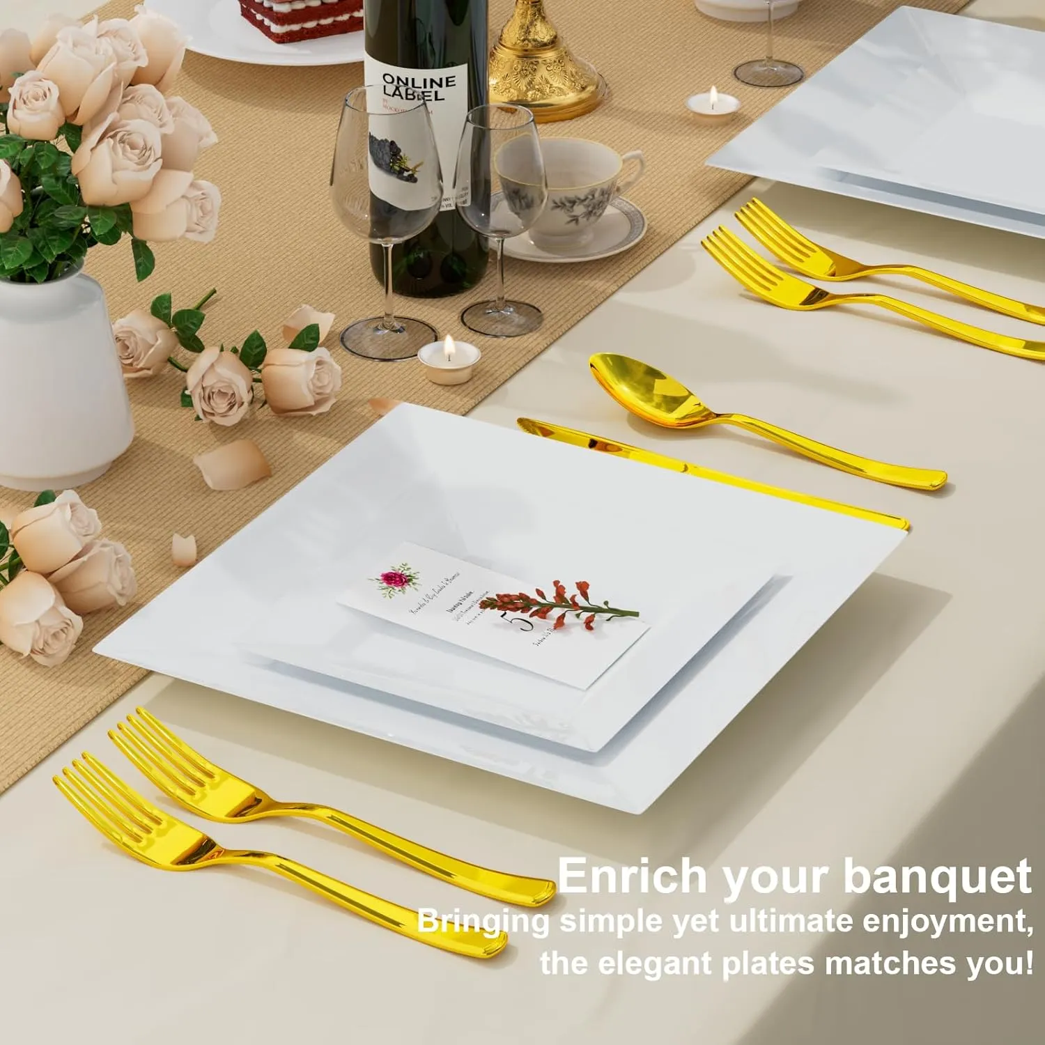 Goodluck 100 Pack Square Plastic Plates, Heavy Duty 50 Dinner Plates 9.5" and 50 Dessert Plates 6.5", Fancy Disposable Plates for Wedding, Holiday Party, Birthday, White