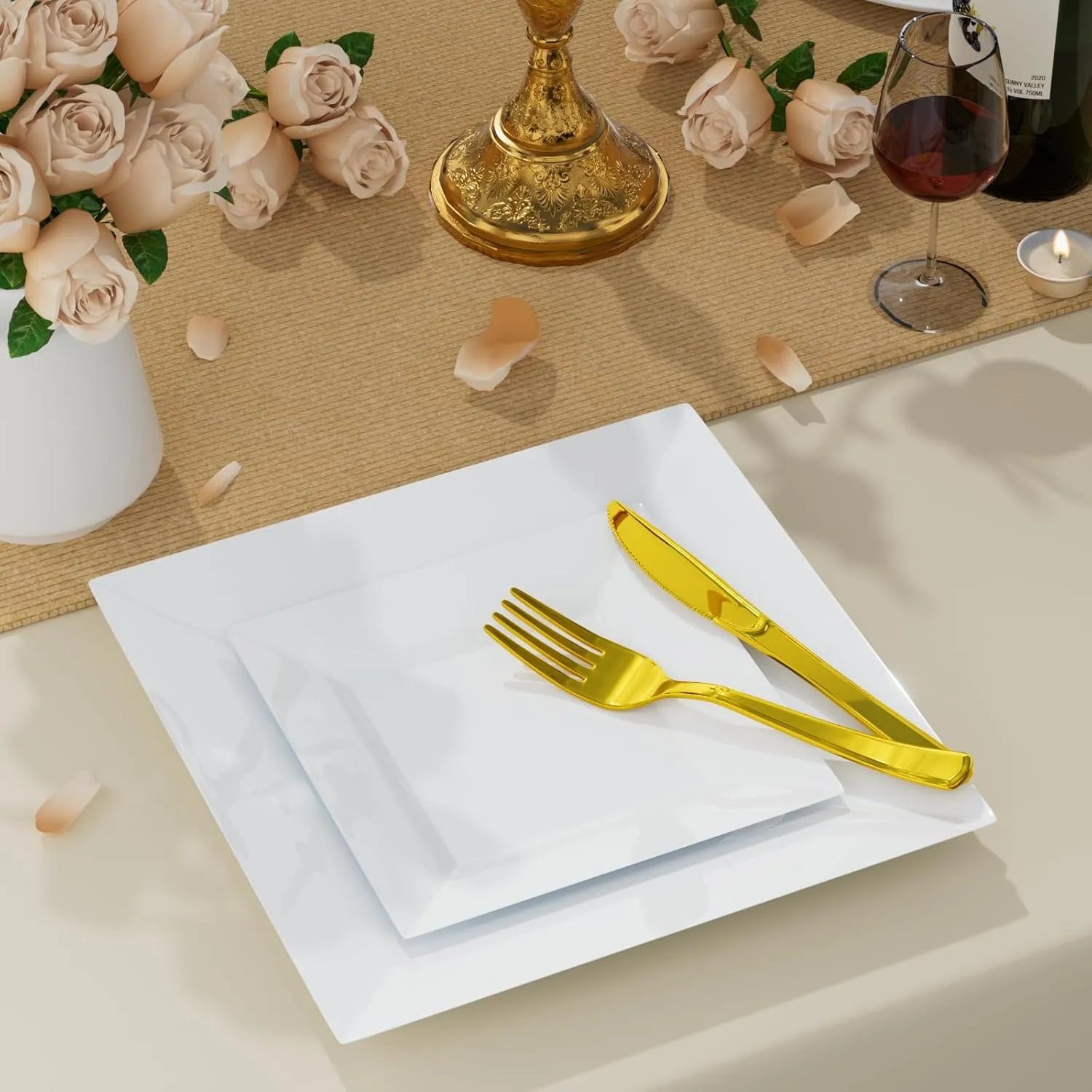 Goodluck 100 Pack Square Plastic Plates, Heavy Duty 50 Dinner Plates 9.5" and 50 Dessert Plates 6.5", Fancy Disposable Plates for Wedding, Holiday Party, Birthday, White