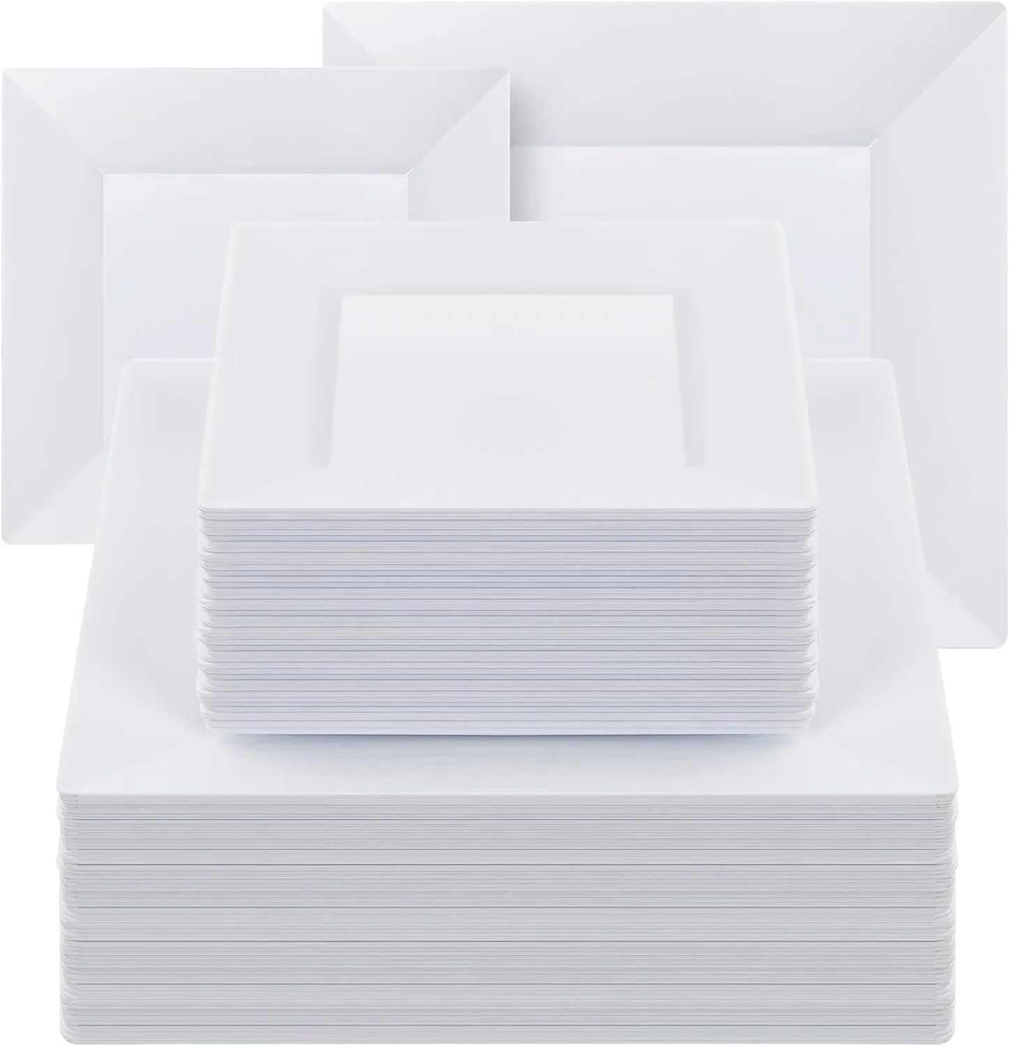 Goodluck 100 Pack Square Plastic Plates, Heavy Duty 50 Dinner Plates 9.5" and 50 Dessert Plates 6.5", Fancy Disposable Plates for Wedding, Holiday Party, Birthday, White