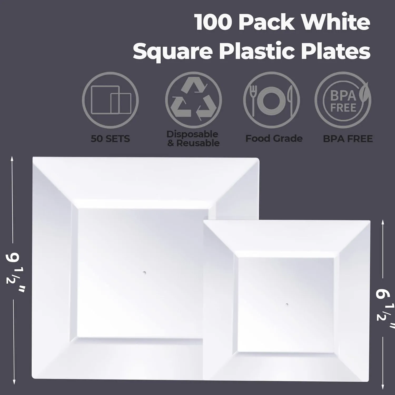 Goodluck 100 Pack Square Plastic Plates, Heavy Duty 50 Dinner Plates 9.5" and 50 Dessert Plates 6.5", Fancy Disposable Plates for Wedding, Holiday Party, Birthday, White