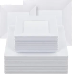 Goodluck 100 Pack Square Plastic Plates, Heavy Duty 50 Dinner Plates 9.5" and 50 Dessert Plates 6.5", Fancy Disposable Plates for Wedding, Holiday Party, Birthday, White