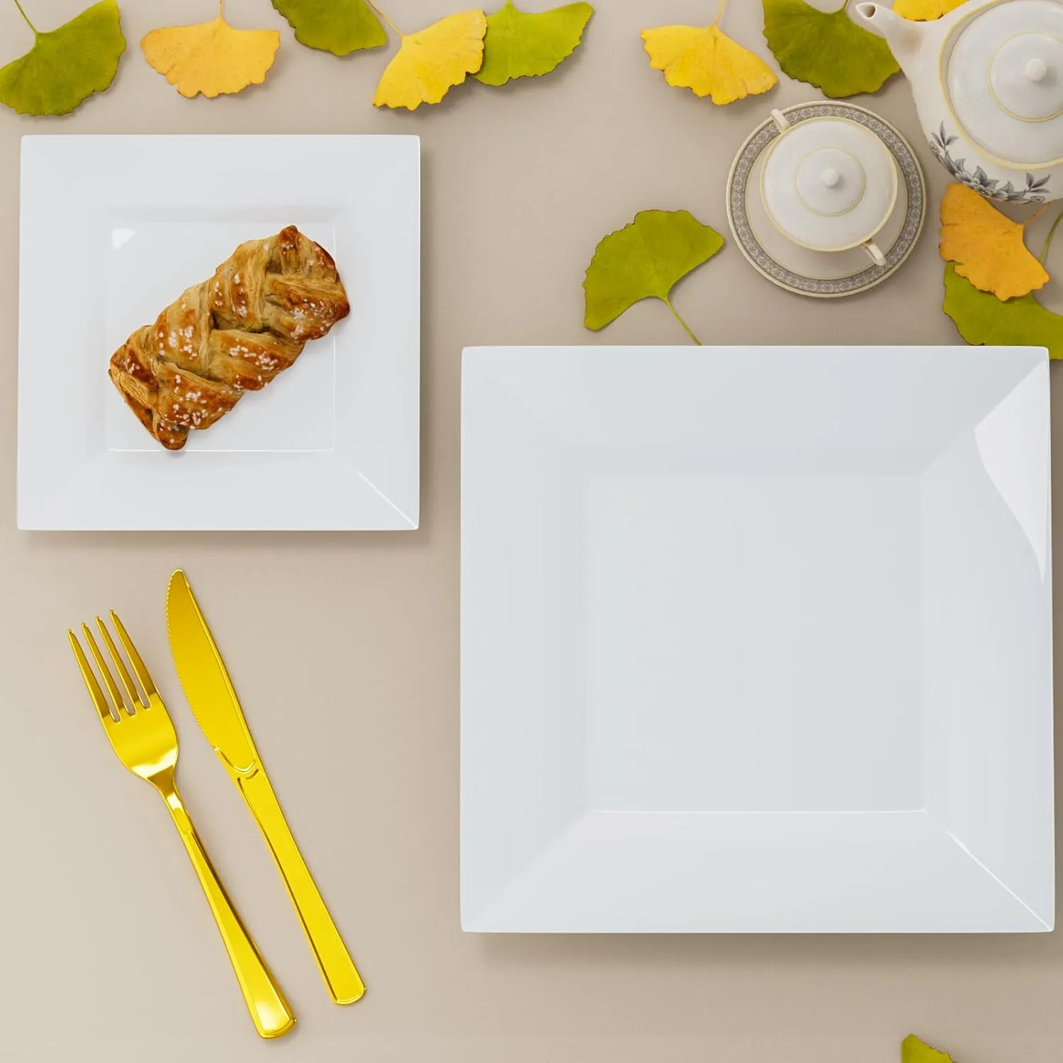 Goodluck 100 Pack Square Plastic Plates, Heavy Duty 50 Dinner Plates 9.5" and 50 Dessert Plates 6.5", Fancy Disposable Plates for Wedding, Holiday Party, Birthday, White