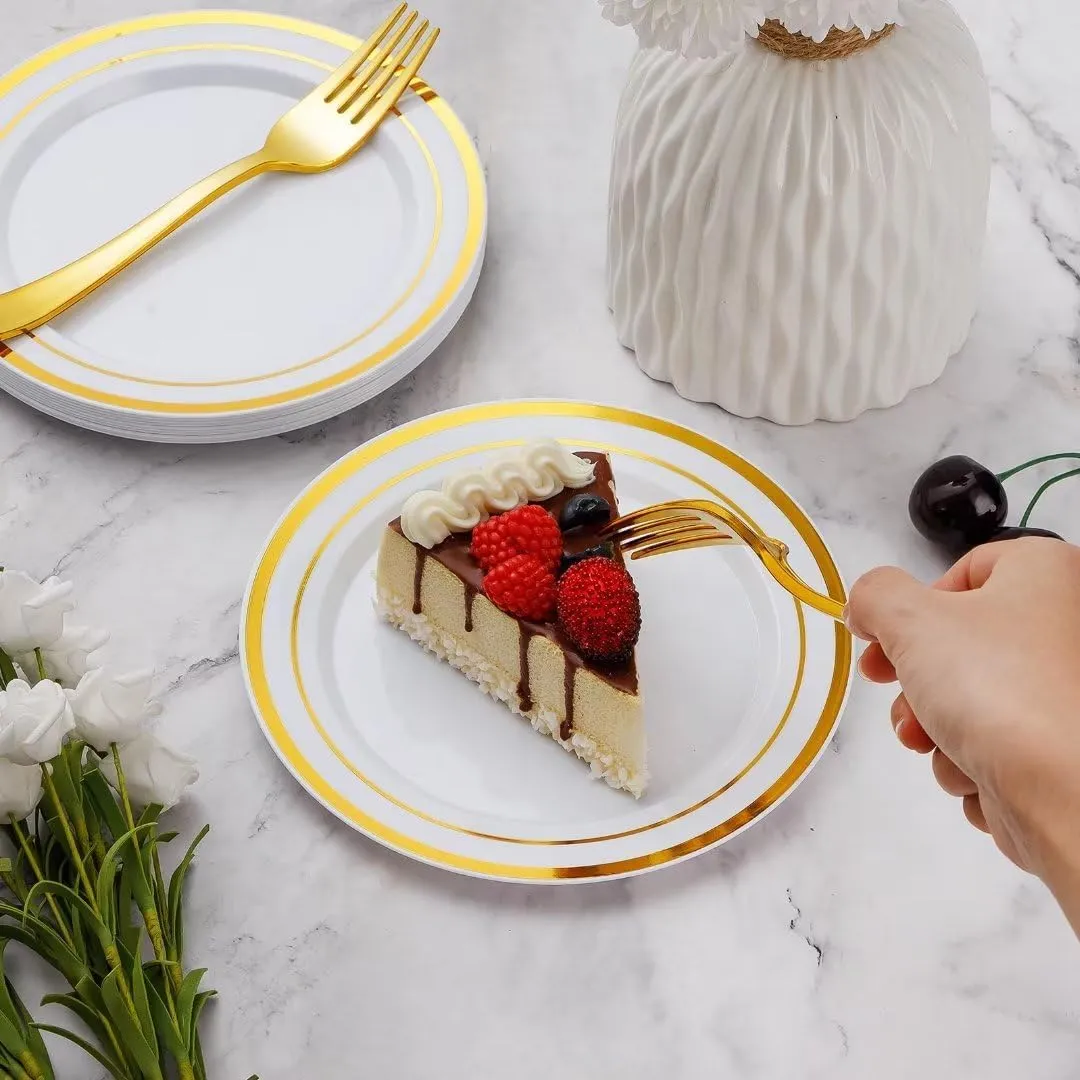 Goodluck 120 Pieces Gold Plates with Plastic Forks, Gold Dessert Plates for 60 Guests, Heavy Duty Disposable Plates for Party, Including 60 7" Dishes and 60 7.4" Plastic Forks