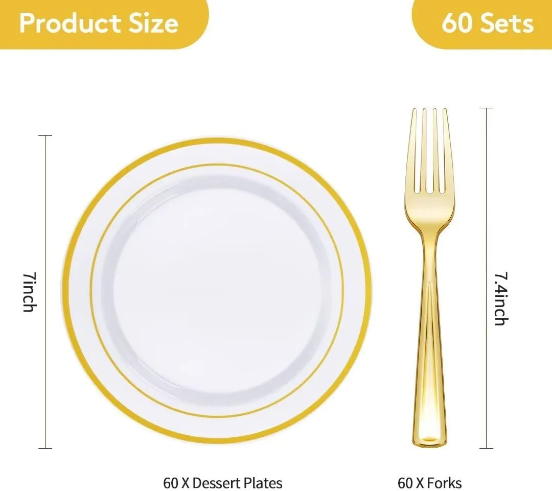 Goodluck 120 Pieces Gold Plates with Plastic Forks, Gold Dessert Plates for 60 Guests, Heavy Duty Disposable Plates for Party, Including 60 7" Dishes and 60 7.4" Plastic Forks