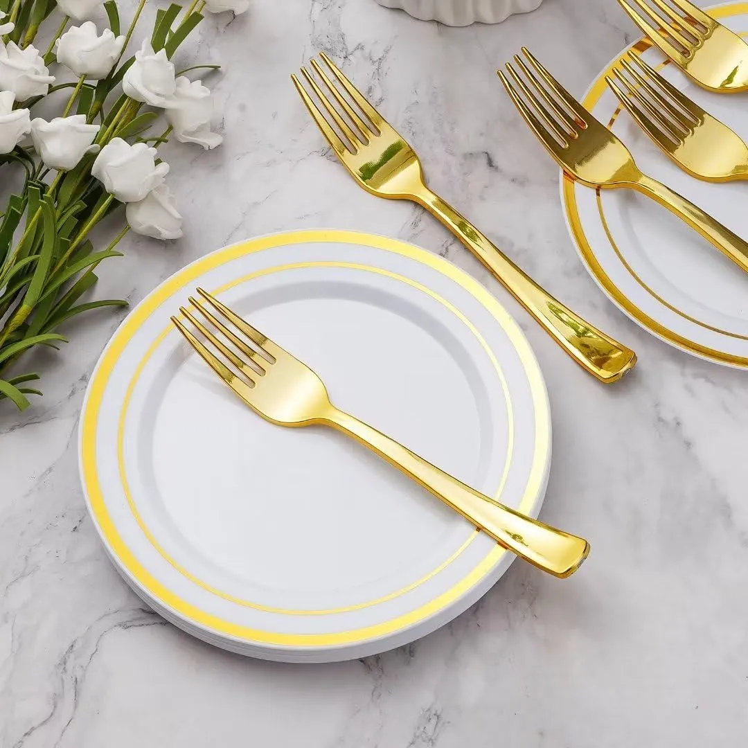 Goodluck 120 Pieces Gold Plates with Plastic Forks, Gold Dessert Plates for 60 Guests, Heavy Duty Disposable Plates for Party, Including 60 7" Dishes and 60 7.4" Plastic Forks