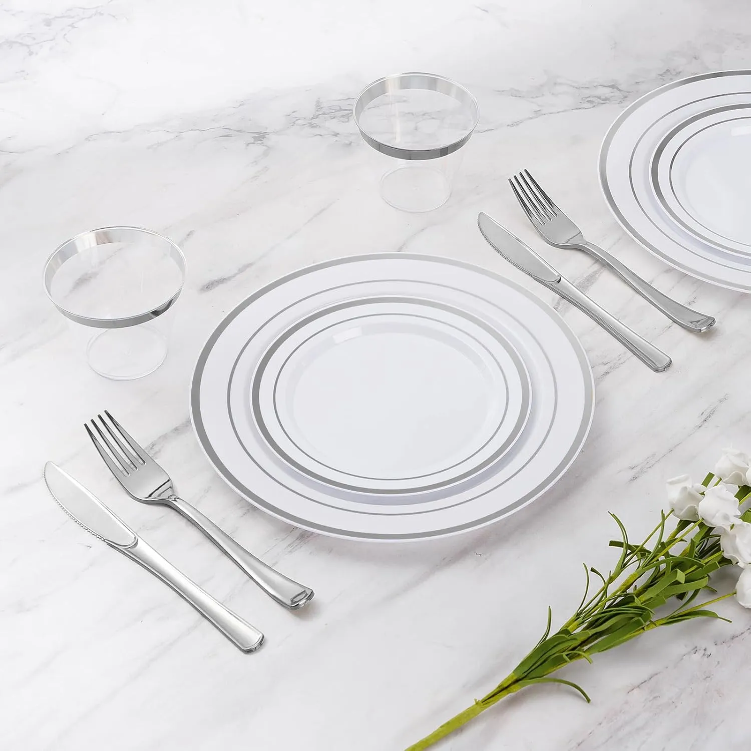 Goodluck 150 Pieces Silver Disposable Plates for 25 Guests, Plastic Party, Wedding, Dinnerware Set of Dinner Plates, Salad Spoons, Forks, Knives, Cups