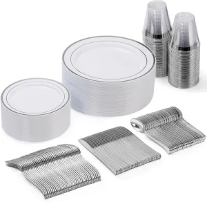 Goodluck 150 Pieces Silver Disposable Plates for 25 Guests, Plastic Party, Wedding, Dinnerware Set of Dinner Plates, Salad Spoons, Forks, Knives, Cups