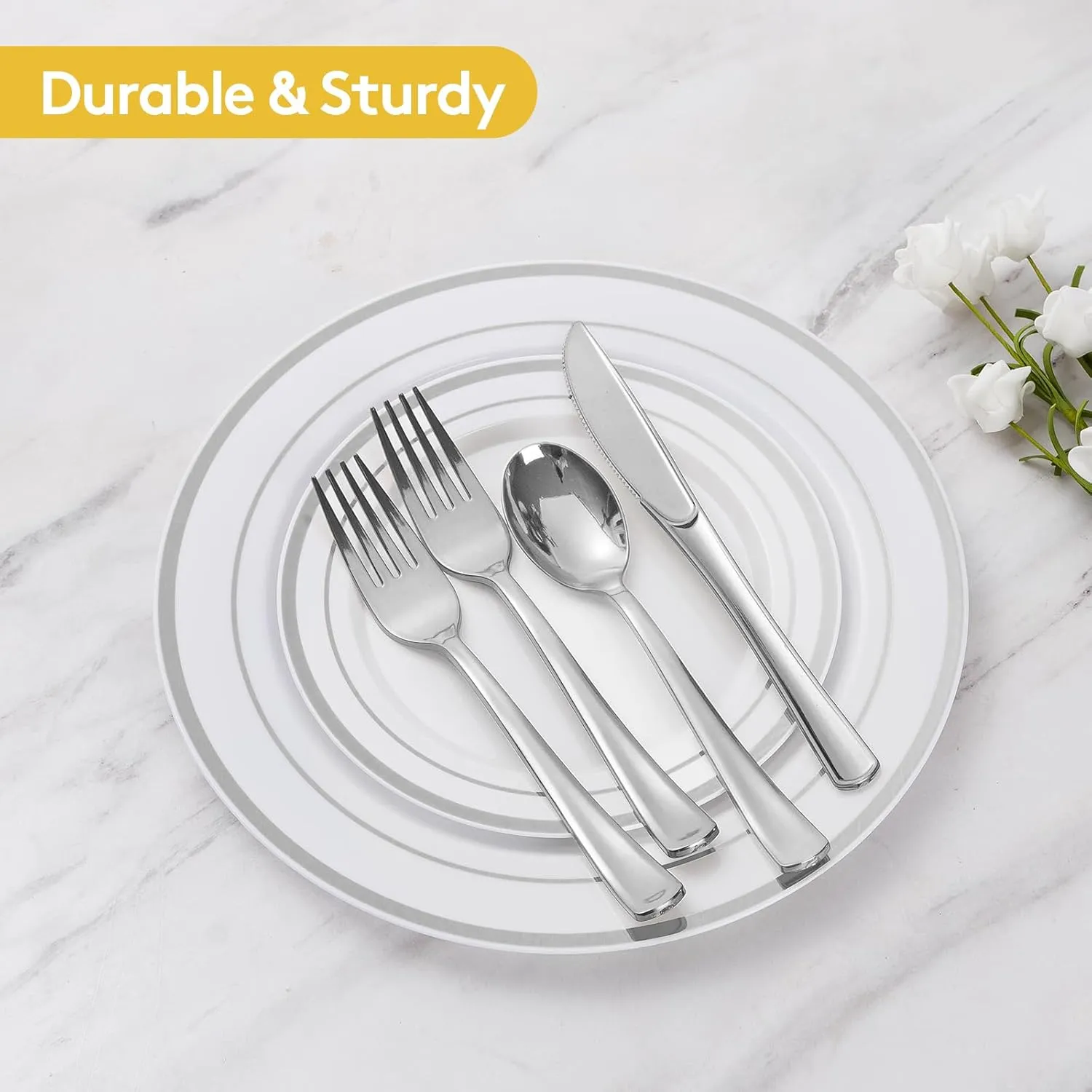 Goodluck 150 Pieces Silver Disposable Plates for 25 Guests, Plastic Party, Wedding, Dinnerware Set of Dinner Plates, Salad Spoons, Forks, Knives, Cups