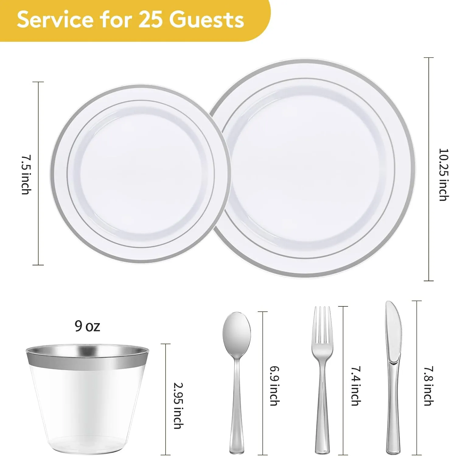 Goodluck 150 Pieces Silver Disposable Plates for 25 Guests, Plastic Party, Wedding, Dinnerware Set of Dinner Plates, Salad Spoons, Forks, Knives, Cups