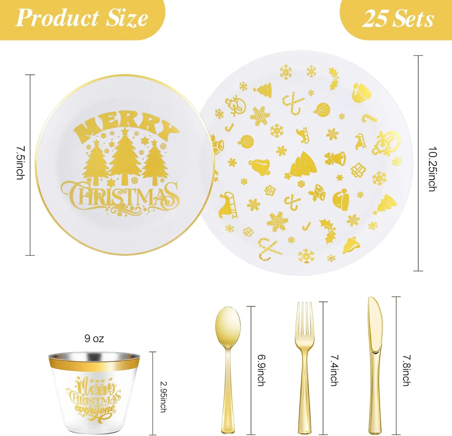 Goodluck 150PCS Christmas Plates Disposable for 25 Guests, Gold Christmas Party Plates, Plastic Christmas Dinnerware Set of 25 Dinner Plates, 25 Dessert Plates, 25 Spoons, 25 Forks, 25 Knives, 25 Cups