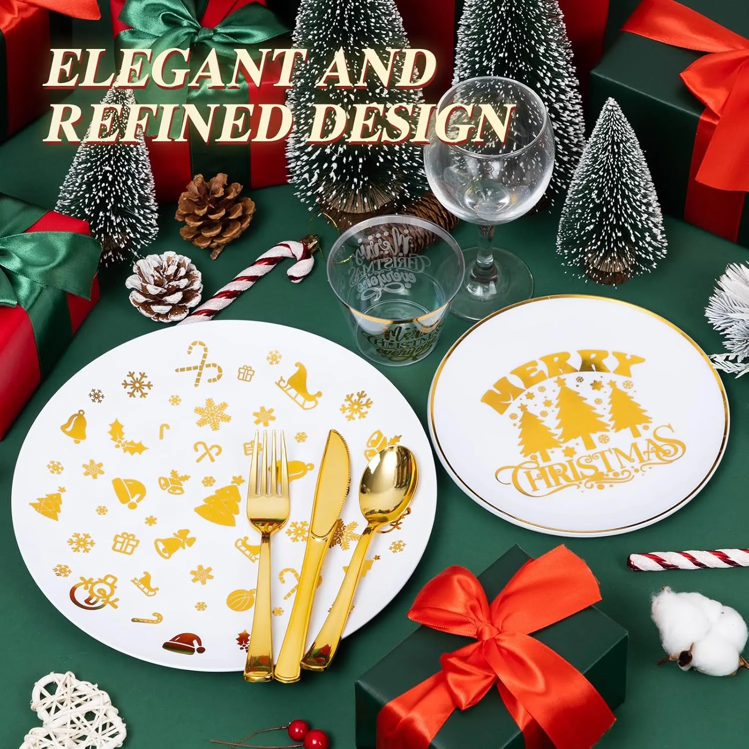 Goodluck 150PCS Christmas Plates Disposable for 25 Guests, Gold Christmas Party Plates, Plastic Christmas Dinnerware Set of 25 Dinner Plates, 25 Dessert Plates, 25 Spoons, 25 Forks, 25 Knives, 25 Cups