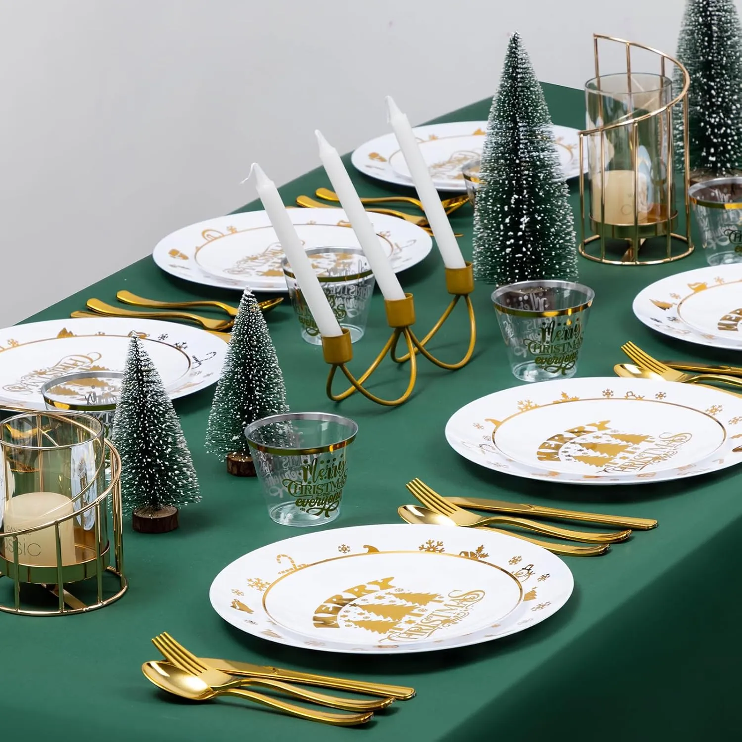 Goodluck 150PCS Christmas Plates Disposable for 25 Guests, Gold Christmas Party Plates, Plastic Christmas Dinnerware Set of 25 Dinner Plates, 25 Dessert Plates, 25 Spoons, 25 Forks, 25 Knives, 25 Cups