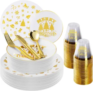 Goodluck 150PCS Christmas Plates Disposable for 25 Guests, Gold Christmas Party Plates, Plastic Christmas Dinnerware Set of 25 Dinner Plates, 25 Dessert Plates, 25 Spoons, 25 Forks, 25 Knives, 25 Cups