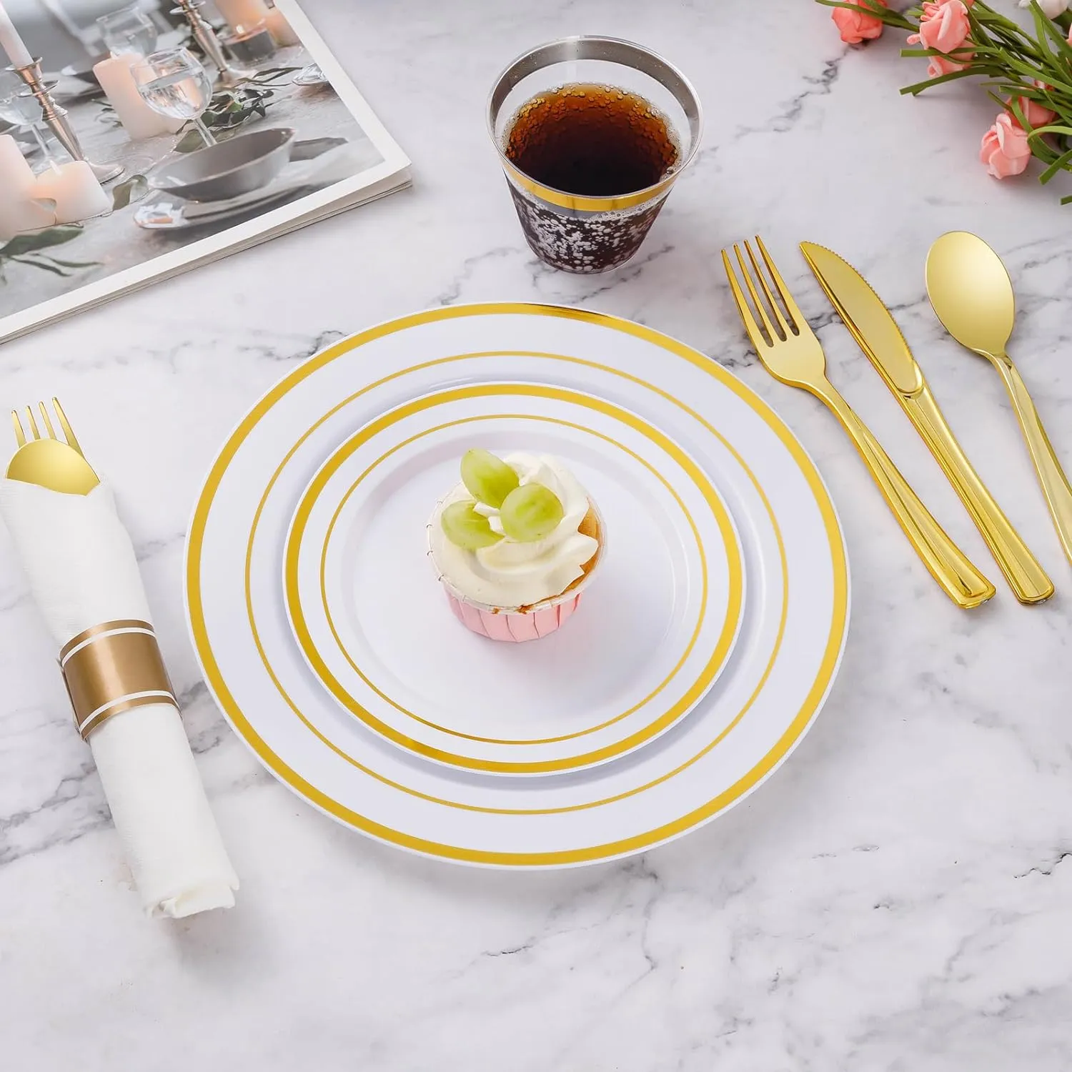 Goodluck 175 Piece Gold Plastic Dinnerware Set for 25 Guests, Fancy Disposable Plates for Party, Include: 25 Dinner Plates, 25 Dessert Plates, 25 Pre Rolled Napkins with Gold Silverware, 25 Cups