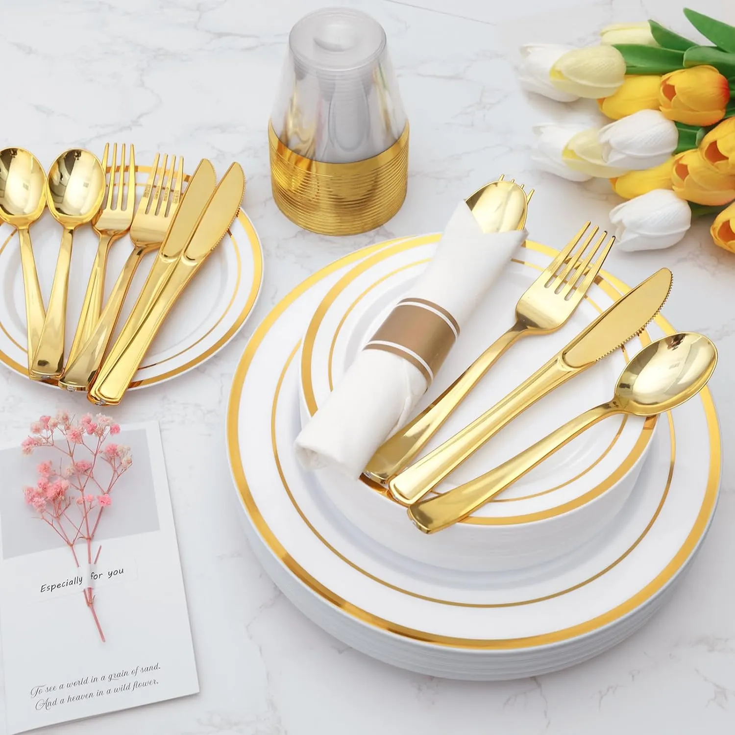 Goodluck 175 Piece Gold Plastic Dinnerware Set for 25 Guests, Fancy Disposable Plates for Party, Include: 25 Dinner Plates, 25 Dessert Plates, 25 Pre Rolled Napkins with Gold Silverware, 25 Cups