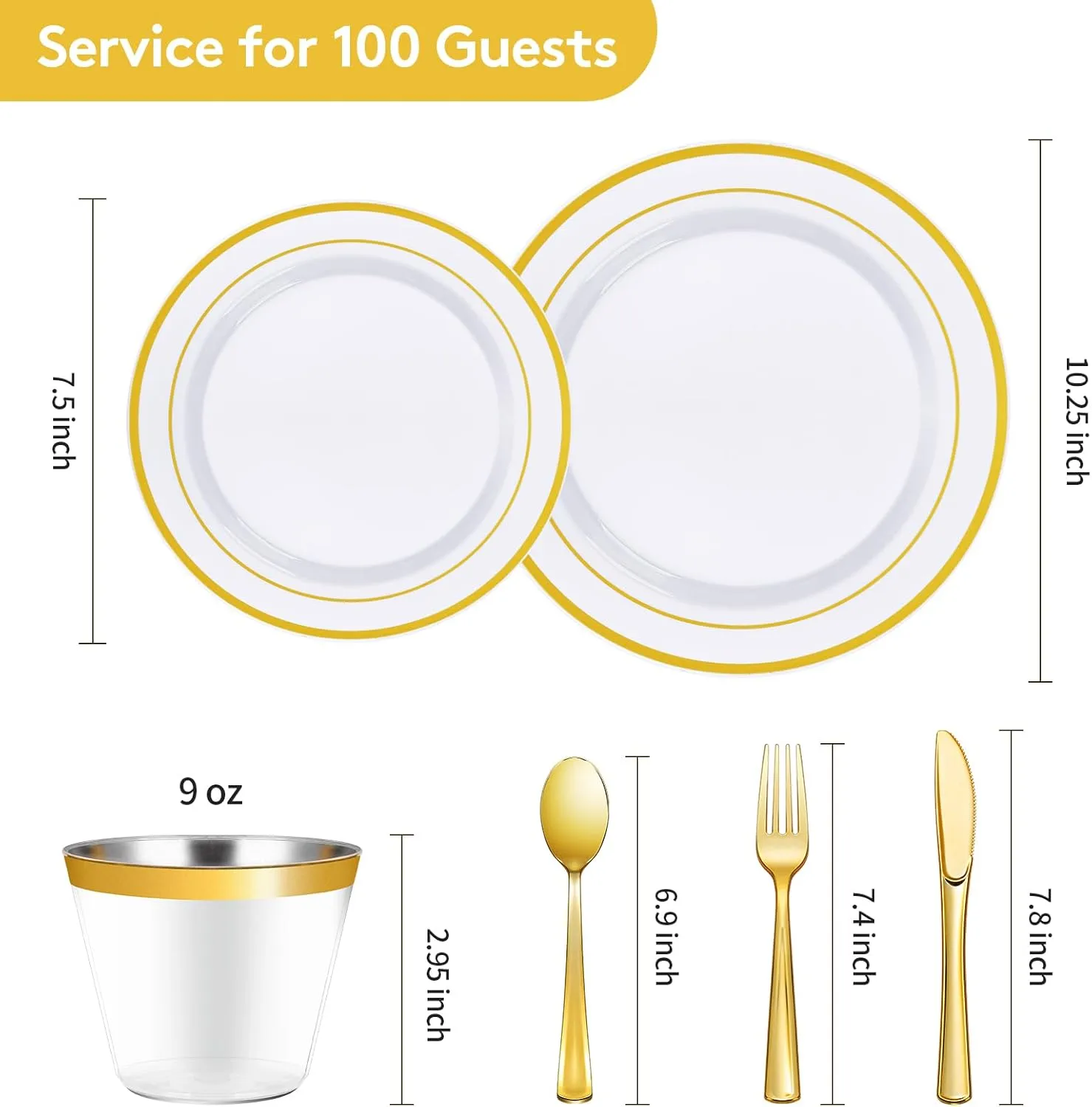 Goodluck 600 Pieces Gold Disposable Plates for 100 Guests, Plastic Plates for Party, Dinnerware Set of 100 Dinner and 100 Dessert Plates, 100 Spoons, 100 Forks, 100 Knives, 100 Cups